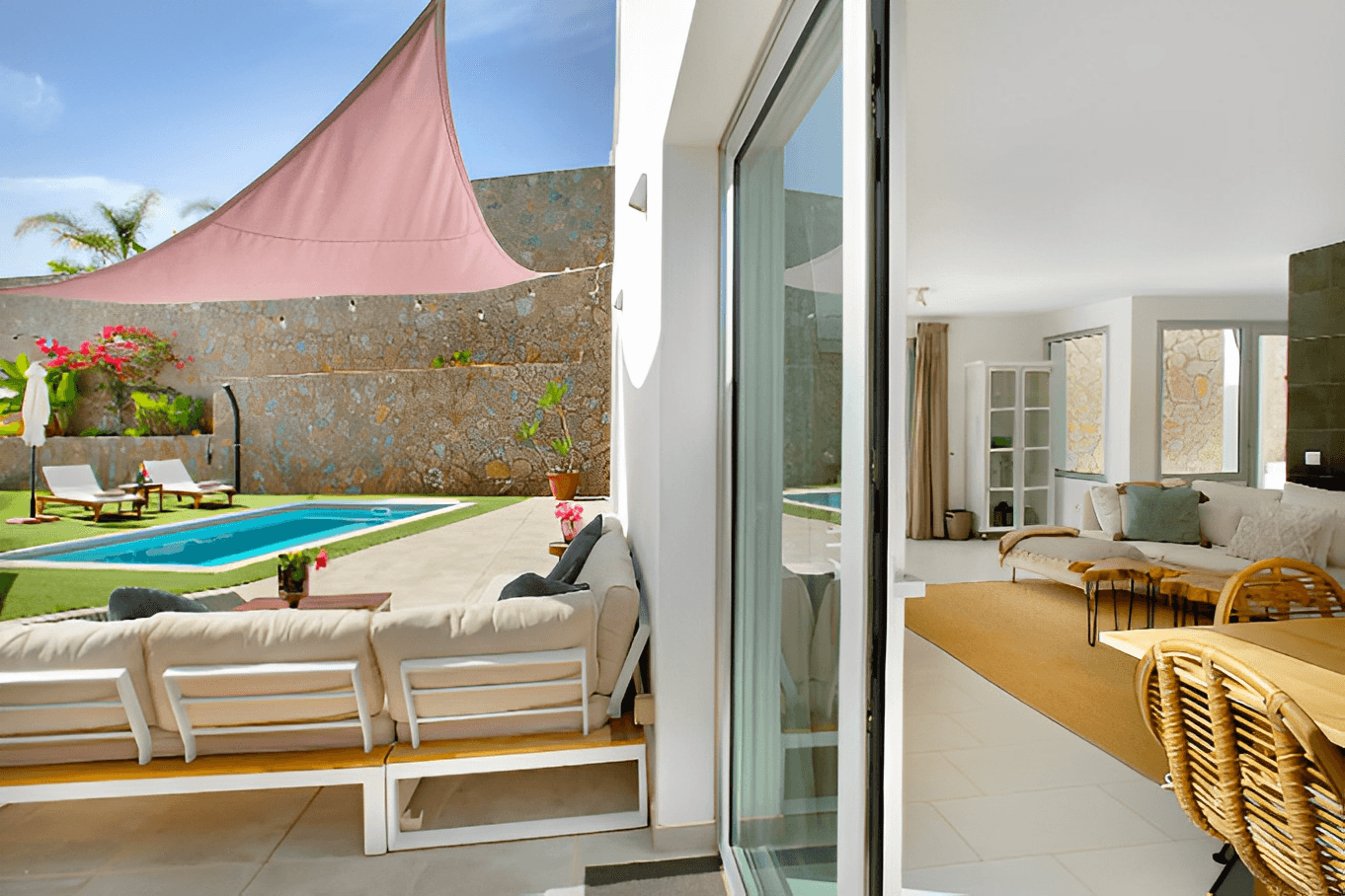 Living area at Casa Tilda opening onto the pool terrace